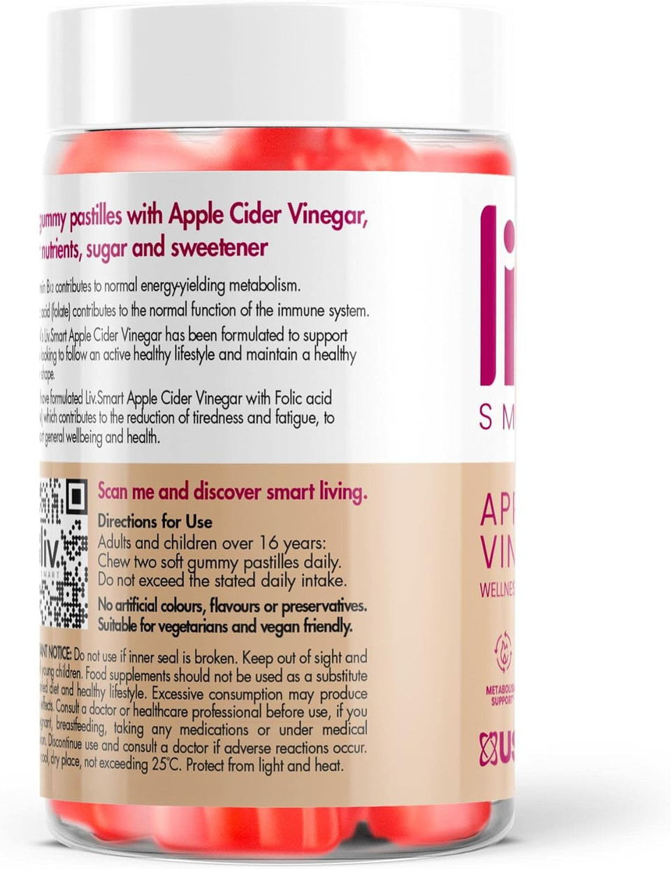 Apple Cider Vinegar Gummies (60 Count) from Liv.Smart by Usn  Vegan Friendly Acv Gummies with The Mother Fights Fatigue with Vitamin B12 and Folic Acid Complex