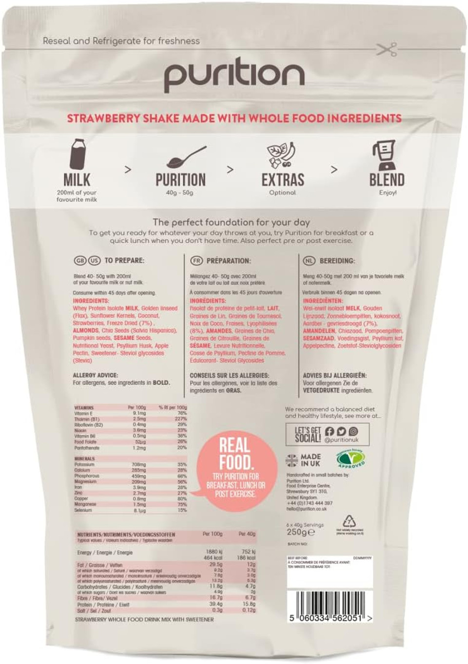 Purition Original Natural Protein Powder for Keto Diet Shakes and Meal Replacements Shakes with Only Natural Ingredients - 250g (Strawberry)