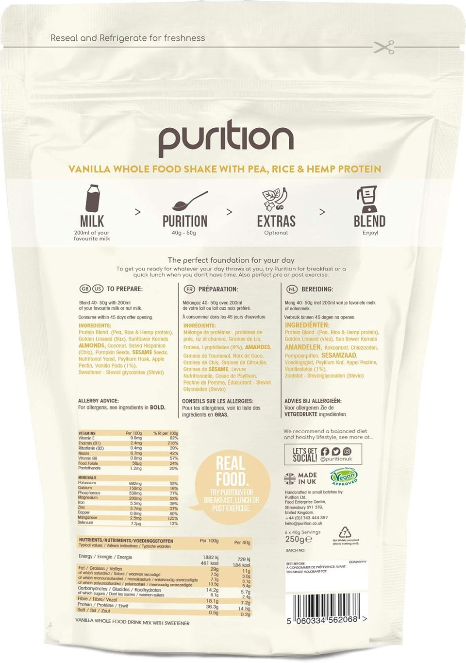 Purition Vegan Vanilla Dairy Free Natural Protein Powder for Keto Diet Shakes and Meal Replacements Shakes - 250g