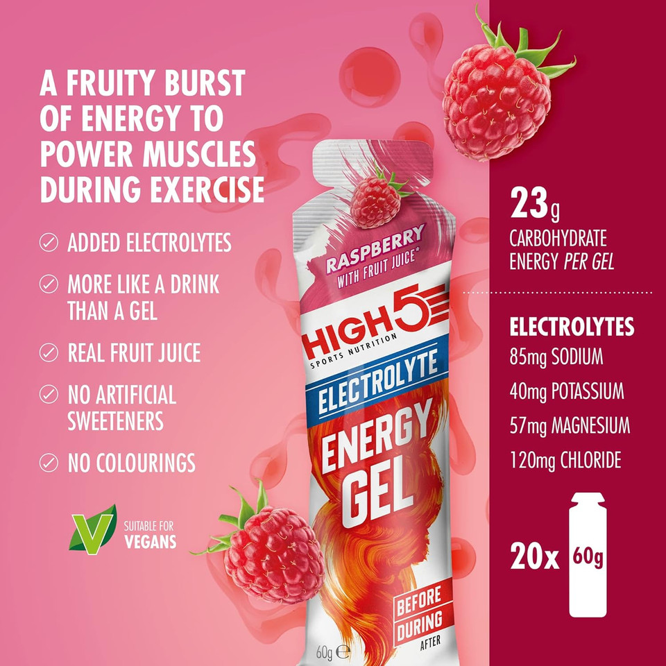 HIGH5 Energy Gels with Electrolytes - Quick Release Sports Gels for Peak Performance - Natural Fruit Juice & Caffeine-Free - Energy Boost for Running, Cycling, Endurance (Raspberry, 20 x 60g)