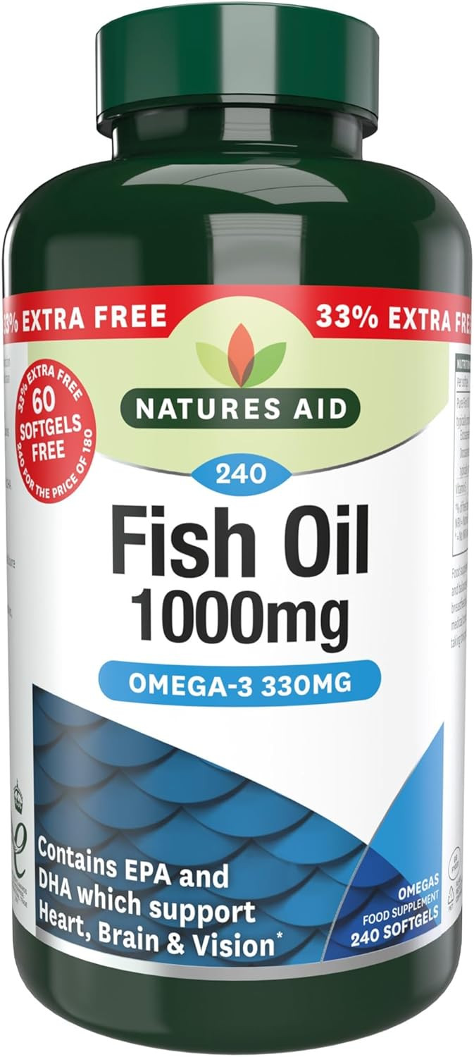 Natures Aid Fish Oil 1000mg  High Strength Omega-3 Supplement  Pure EPA & DHA  Supports Heart, Brain, Vision & Joint Health  Non-GMO  No Artificial Additives  180 Capsules