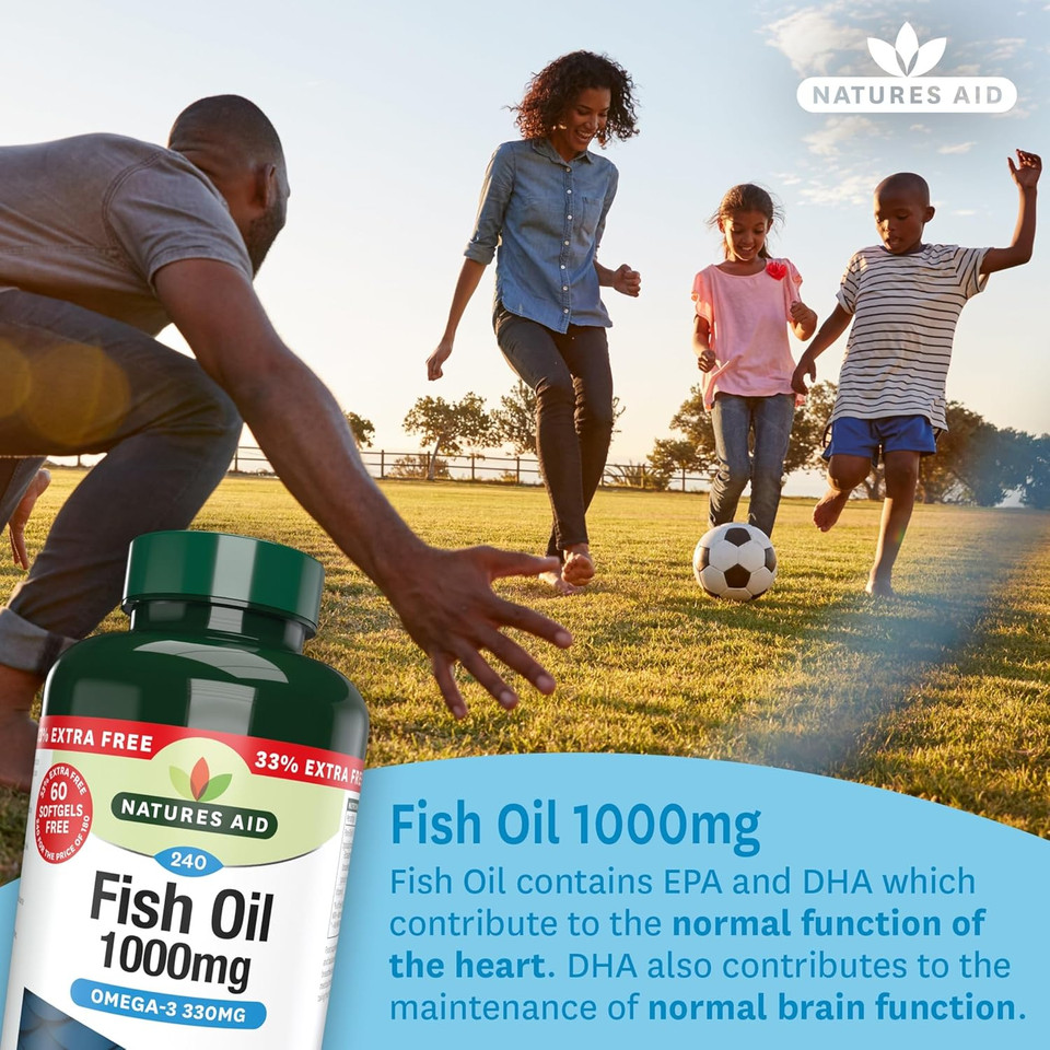 Natures Aid Fish Oil 1000mg  High Strength Omega-3 Supplement  Pure EPA & DHA  Supports Heart, Brain, Vision & Joint Health  Non-GMO  No Artificial Additives  180 Capsules