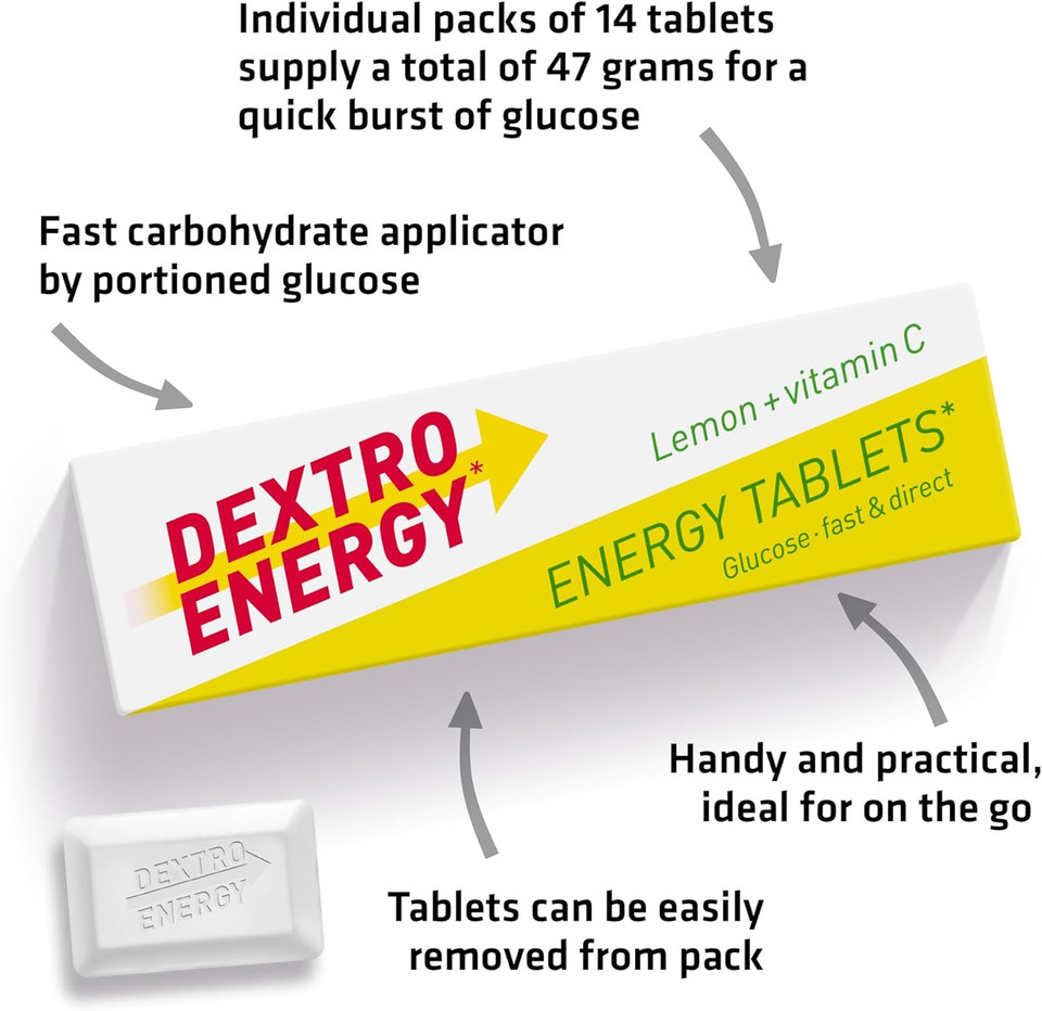 Dextro Energy Lemon Tablets Fast Acting Carbohydrates for a Quick Burst of Glucose with Vitamin C for reduction of tiredness and fatigue Vegan 47g (Pack of 24)