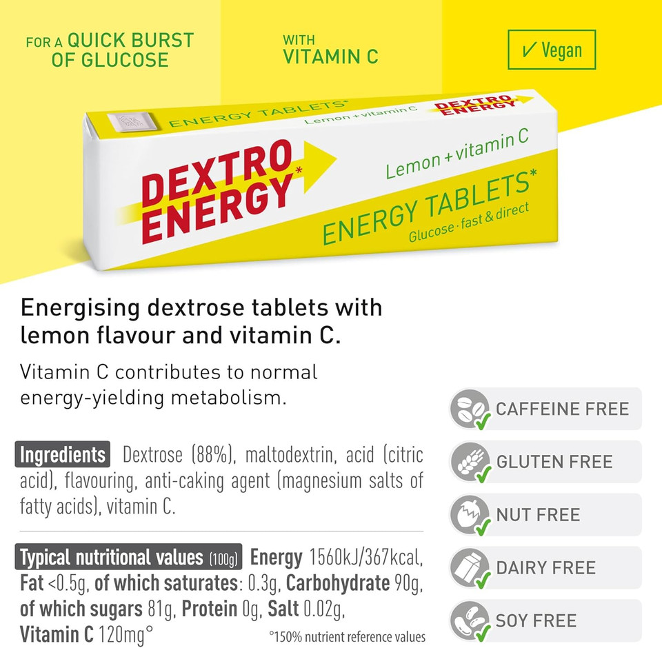 Dextro Energy Lemon Tablets Fast Acting Carbohydrates for a Quick Burst of Glucose with Vitamin C for reduction of tiredness and fatigue Vegan 47g (Pack of 24)