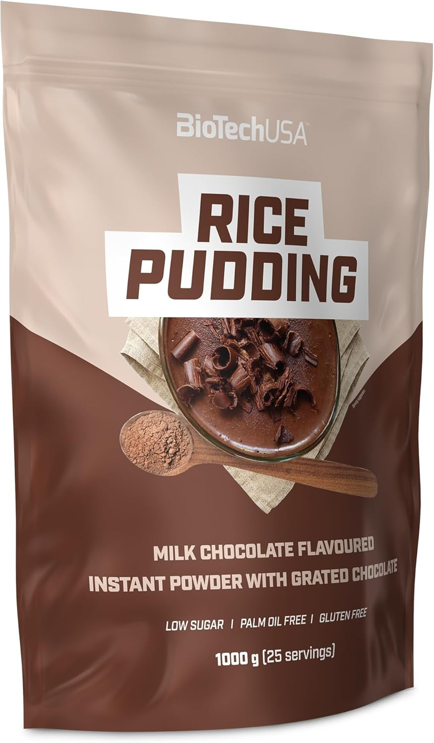BioTechUSA Rice Pudding | Instant Rice Pudding Powder | with grated Chocolate Chips | Low Sugar Content | Gluten Free, 1000 g, Milk Chocolate
