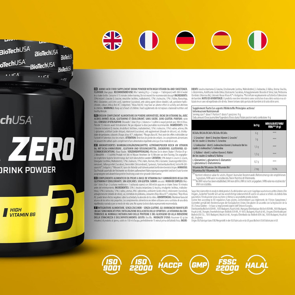 BioTechUSA BCAA Zero | Essential Amino Acid Powder | 6g BCAA with Instant L-Leucine | Vegan | Sugar-Free, Lactose-Free, Gluten-Free, 360 g, Kiwi-Lime
