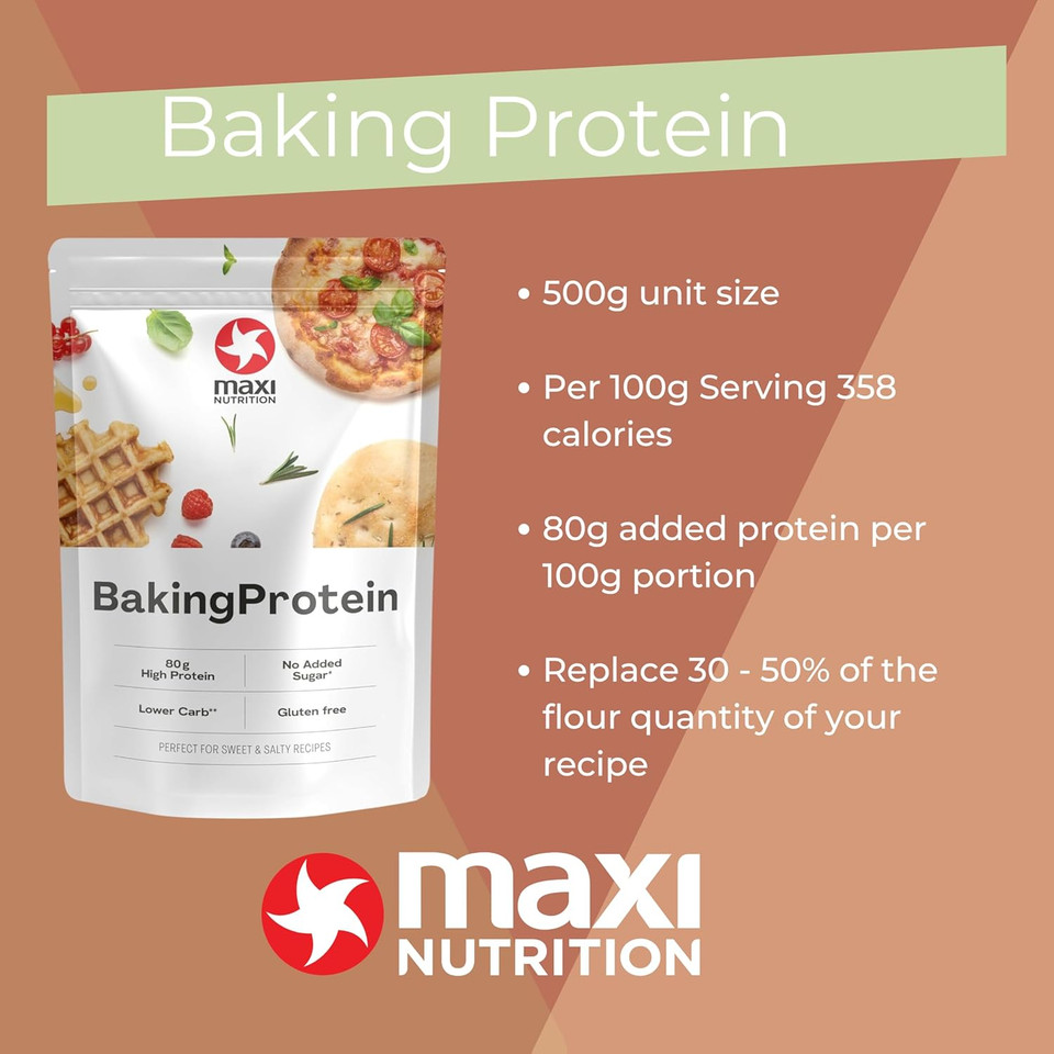 MaxiNutrition Baking Protein - Baking Protein Powder for Cooking and Baking - No Additives - 1 x 500g Bag, Per 100g Serving 80g Protein, 358 Calories