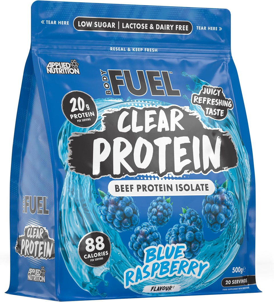 BodyFuel Clear Protein - Beef Protein Isolate - Clear & Refreshing - Best Low Sugar & Lactose-Free Protein Supplement - Muscle Support (500g - 20 Servings) (Blue Raspberry)