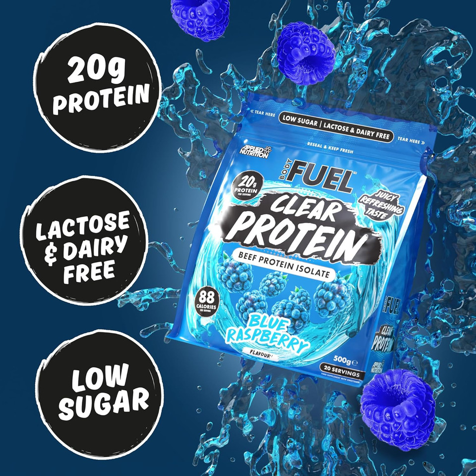 BodyFuel Clear Protein - Beef Protein Isolate - Clear & Refreshing - Best Low Sugar & Lactose-Free Protein Supplement - Muscle Support (500g - 20 Servings) (Blue Raspberry)