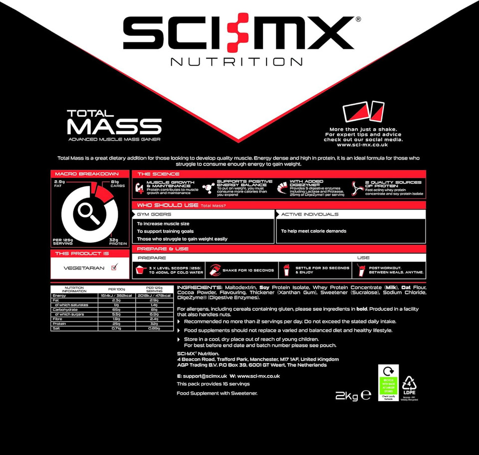 SCI-MX Total Mass - Advanced Muscle Mass Gainer Protein Powder - Muscle Growth & Weight Gain - Salted Caramel  32g Protein + 477 Calories per Serving  2kg
