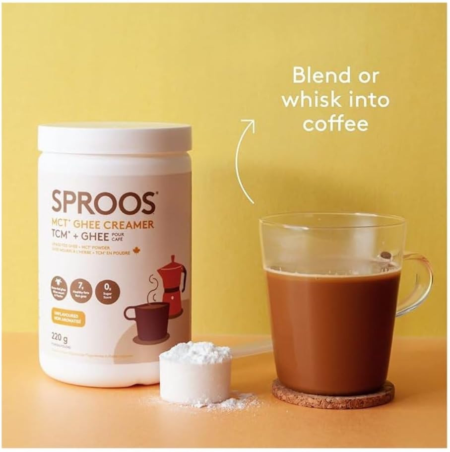 SPROOS Keto Creamer Beverage MCT Powder, Coconut Oil, Grass-Fed Butter & Organic Ghee-Healthy Fats, Optimal Brain Health Creamy, Buttery Flavour-Sugar Free-22-Day Supply, White, 220 g