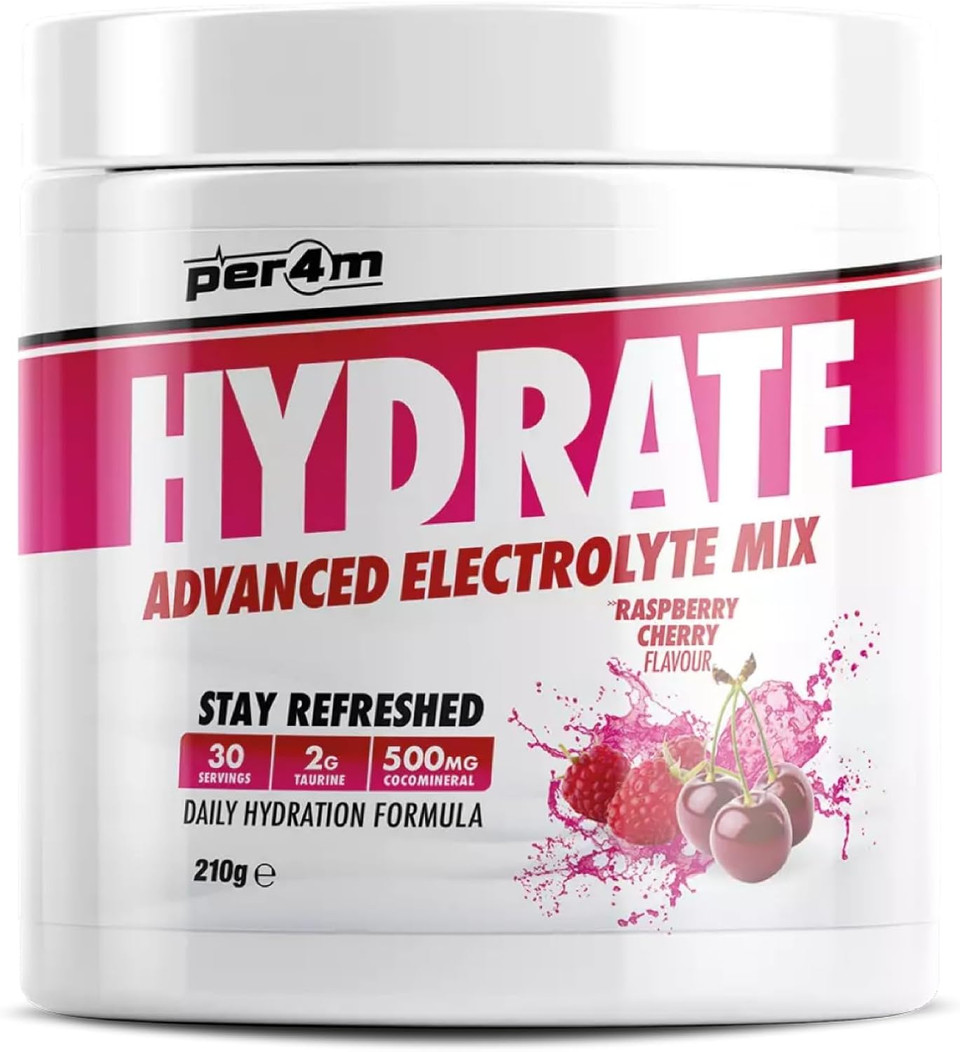 Per4m Hydrate Electrolyte Mix Powder | 500mg Cocomineral | Replenish Essential Electrolytes | Aiding Muscle Function, Cardiovascular Health, Neurological Support (Raspberry Cherry, 210g)