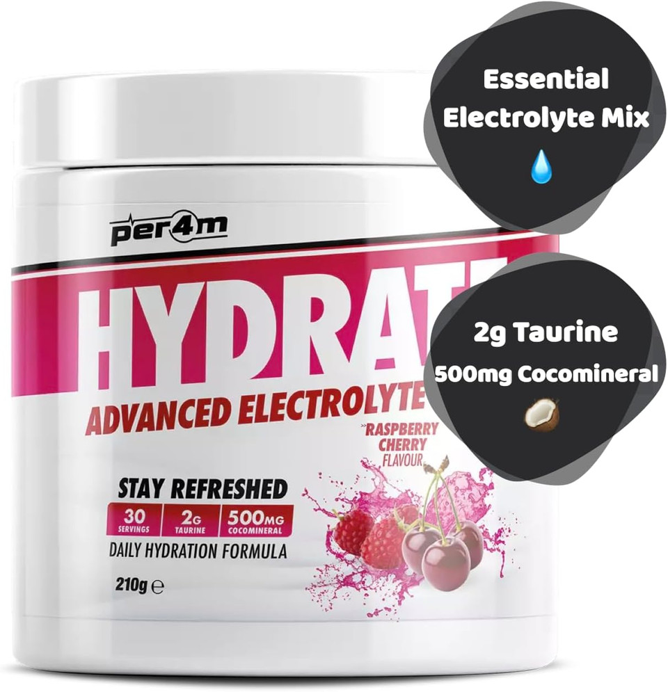 Per4m Hydrate Electrolyte Mix Powder | 500mg Cocomineral | Replenish Essential Electrolytes | Aiding Muscle Function, Cardiovascular Health, Neurological Support (Raspberry Cherry, 210g)
