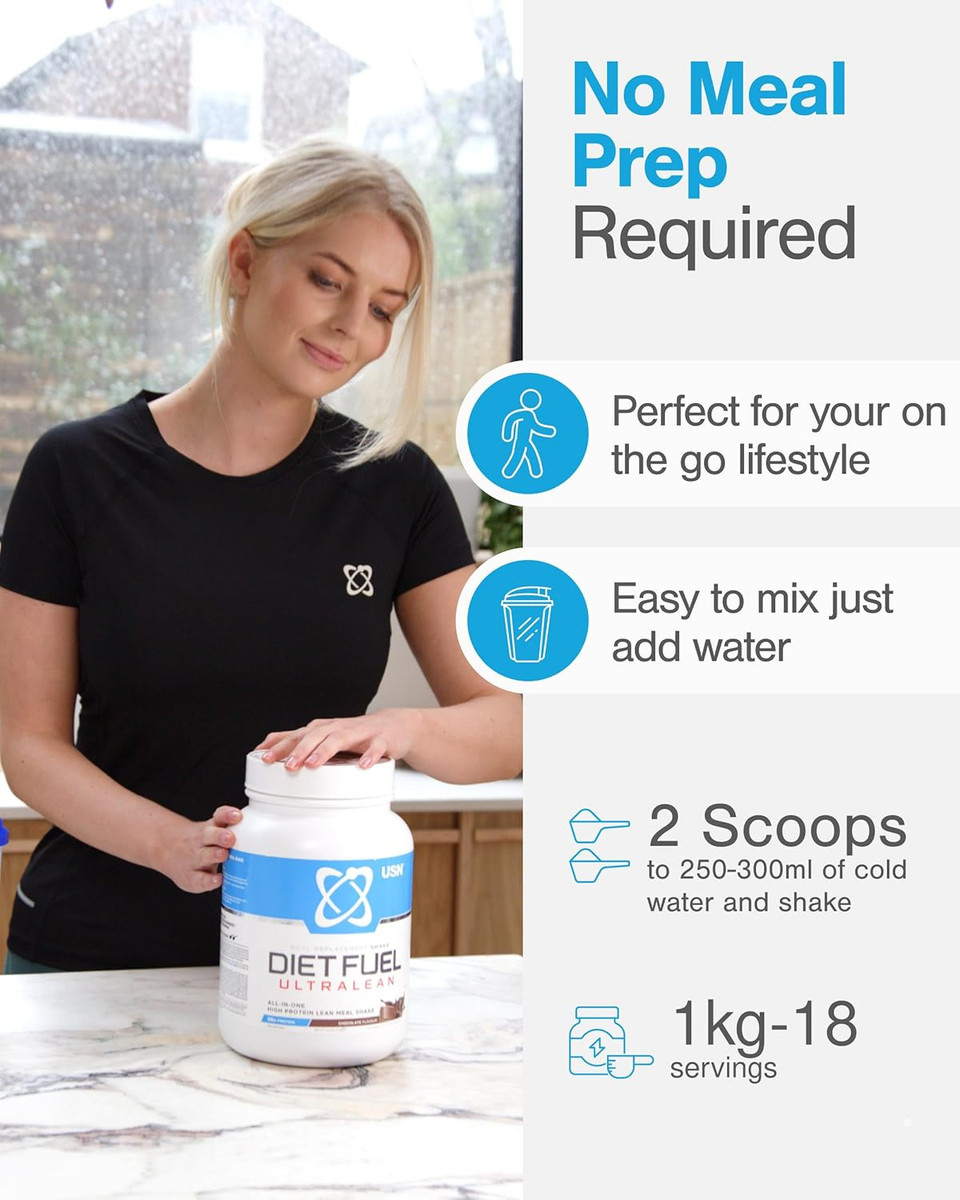 USN Diet Fuel Ultralean Meal Replacement Shake Powder (Chocolate, 1kg - 18 Servings/Meals) Tasty High Protein Shake To Feel Full For Longer, Weight Control Powder, Drink Mix With 25g Protein