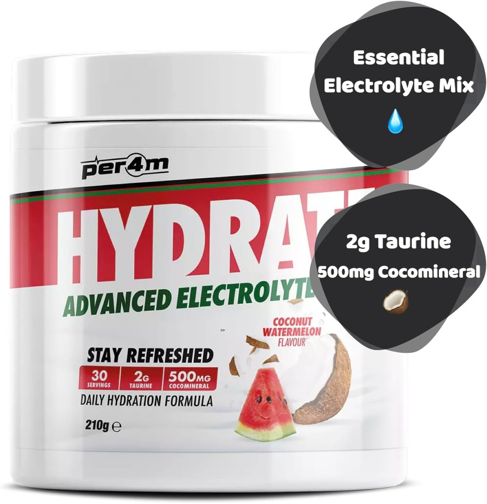 Per4m Hydrate Electrolyte Mix Powder | 500mg Cocomineral | Replenish Essential Electrolytes | Aiding Muscle Function, Cardiovascular Health, Neurological Support (Lemon Sherbet Fizz, 210g)