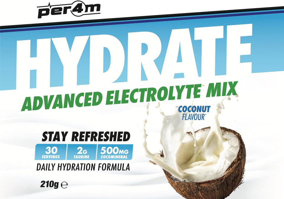 Per4m Hydrate Electrolyte Mix Powder | 500mg Cocomineral | Replenish Essential Electrolytes | Aiding Muscle Function, Cardiovascular Health, Neurological Support (Lemon Sherbet Fizz, 210g)