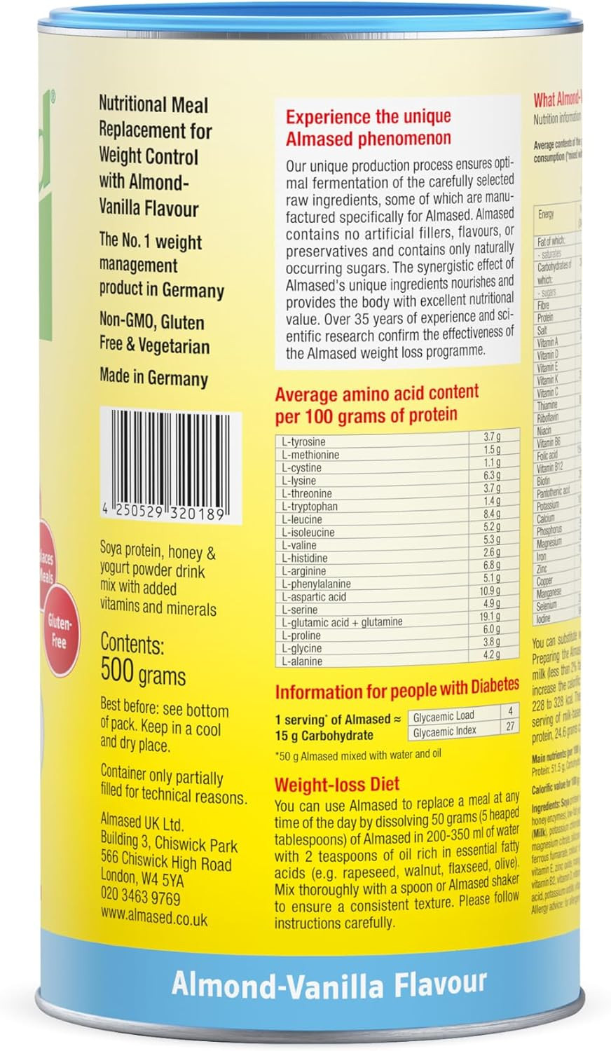 Almased Almond-Vanilla Meal Replacement Shake - Protein Powder for Weight Loss, 500 g