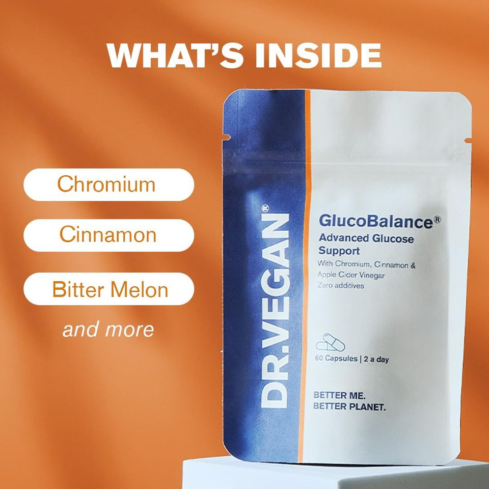 GlucoBalance | Advanced Glucose Blood Sugar Support | Includes Chromium 200 µg, Apple Cider Vinegar 250g, Cinnamon 750g | 60 Vegan Capsules | Two-A-Day | DR.VEGAN