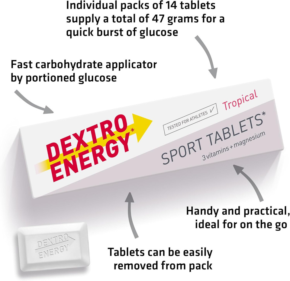 Dextro Energy Sport Tablets | Fast Acting Carbohydrates for a Quick Burst of Glucose | With 3 Vitamins and Magnesium I Ideal on the Go | Vegan 47g | (Pack of 24)