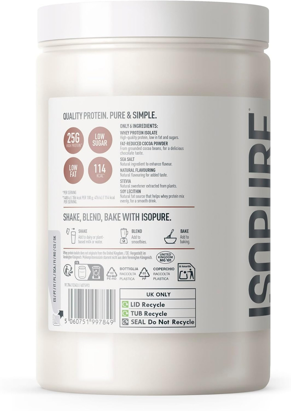 Isopure Chocolate Whey Protein Isolate Powder, High in Protein with 25 g per Serve, Low in Sugar, No Artificial Flavours or Sweeteners, Made with Only 6 Ingredients, 480 g
