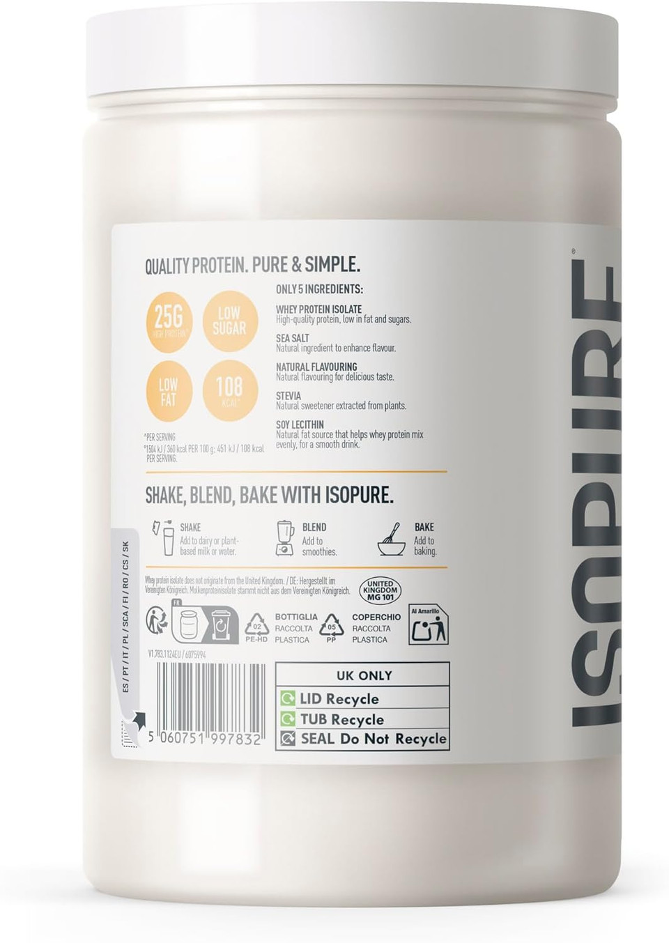 Isopure Vanilla Whey Protein Isolate Powder, High in Protein with 25 g per Serve, Low in Sugar, No Artificial Flavours or Sweeteners, Made with Only 5 Ingredients, 450 g