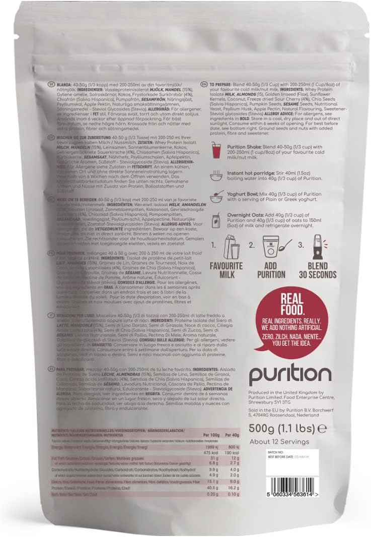 Purition Cherry Bakewell Large Bag | Premium High Protein Powder for Keto Shakes and Smoothies with Only Natural Ingredients for Weight Management | 1 x 12 Meal Bag
