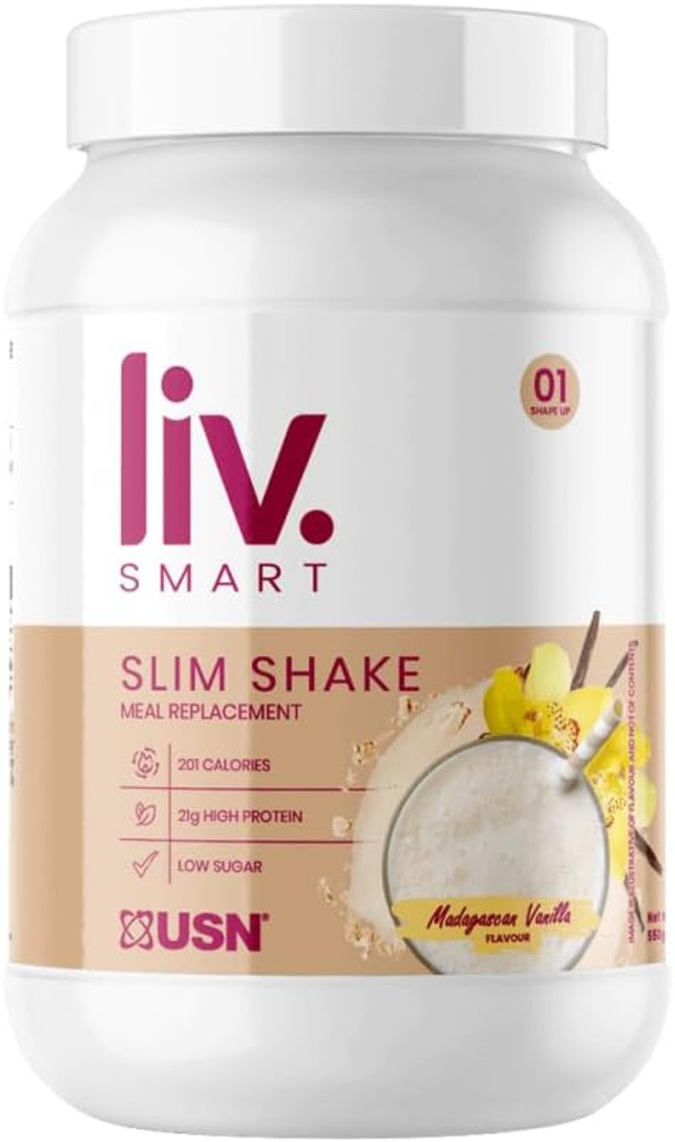 USN Liv.Smart Slim Shake Strawberries & Cream 550g - High Protein (21g) Meal Replacement Shake & Weight Loss Support - Low in Sugar & Suitable for Vegetarians, 10 Servings