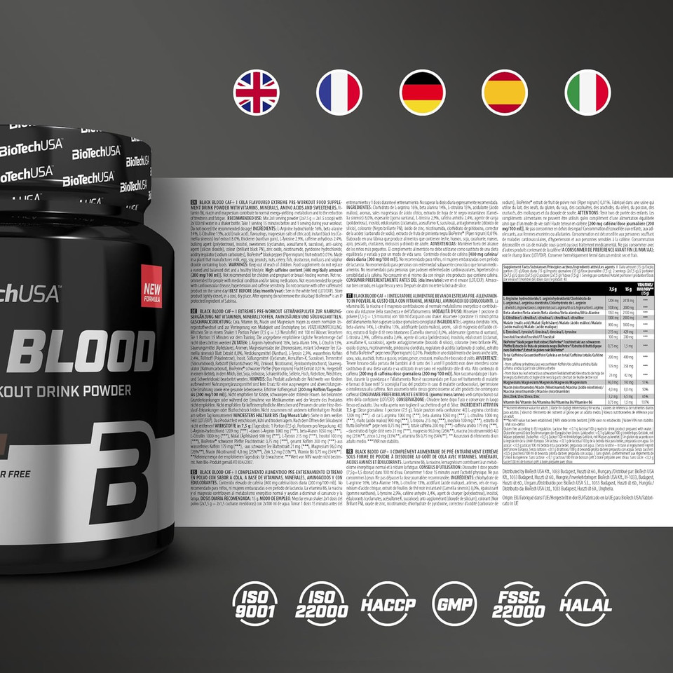 BioTechUSA Black Blood CAF+ | Preworkout Drink Powder | 12 Active Ingredients | 200mg Caffeine per Serving | Sugar, Lactose, and Gluten-Free, 300 g, Cola