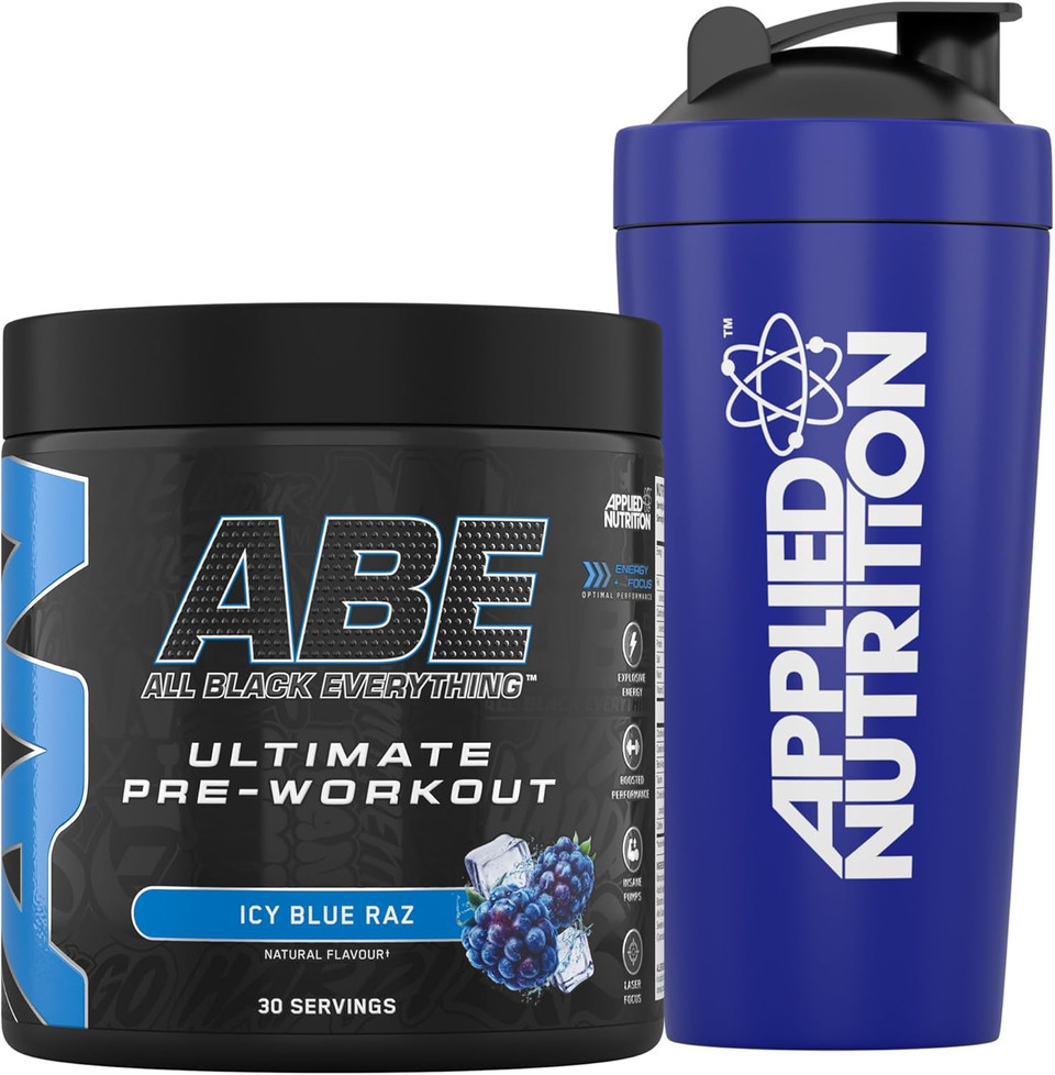 Applied Nutrition Bundle ABE Pre Workout 375g + 750ml Steel Protein Shaker | All Black Everything Pre Workout Powder, Energy & Physical Performance, Creatine, Beta Alanine (ICY Blue Raz)