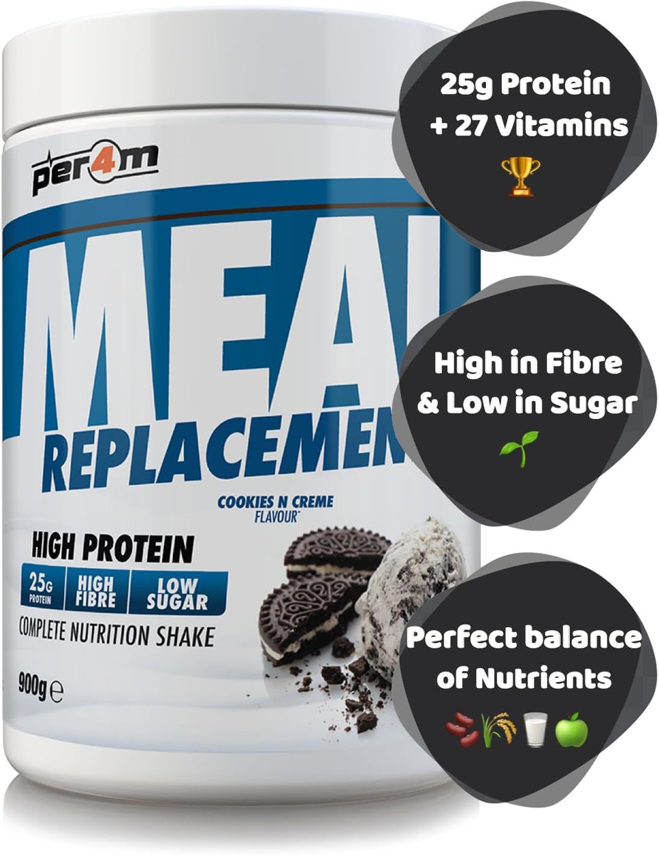 Per4m MRP Diet Meal Replacement 25g Protein Powder | Complete Nutrition Shake + 27 Vitamins | Metabolism Support, Immunity Boost & Muscle Growth (Cookies & Cream, 900g)
