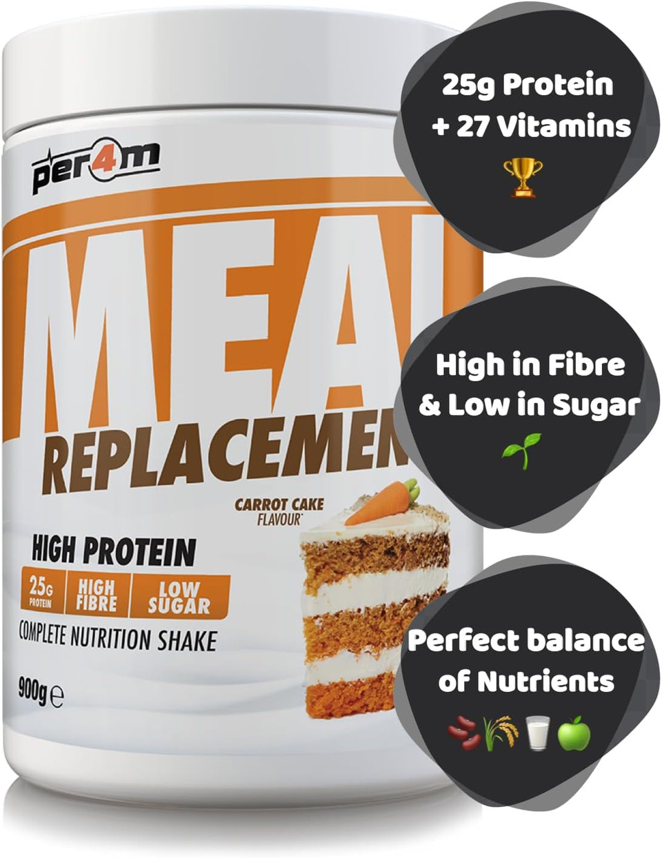 Per4m MRP Diet Meal Replacement 25g Protein Powder | Complete Nutrition Shake + 27 Vitamins | Metabolism Support, Immunity Boost & Muscle Growth (900g, Carrot Cake)