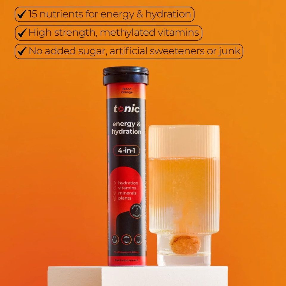 Tonic Health Energy and Hydration Tablets - 15 Vitamins, Minerals, Plants with Panax Ginseng, No Sugar Effervescent Multivitamins - Rehydration Electrolytes Tablets, Blood Orange 60 Count