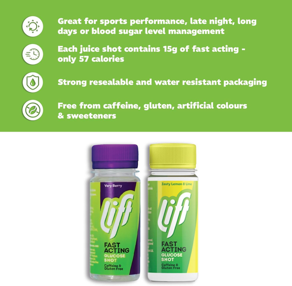 Lift Fast-Acting Glucose Energy Juice Shots, Very Berry & Lemon & Lime, 12 Pack of 60 ml Bottles, 2 Pack Lift Fast-Acting Glucose Energy Juice Shots, Very Berry & Lemon & Lime, 12 Pack of 60 ml Bottles, 2 Pack