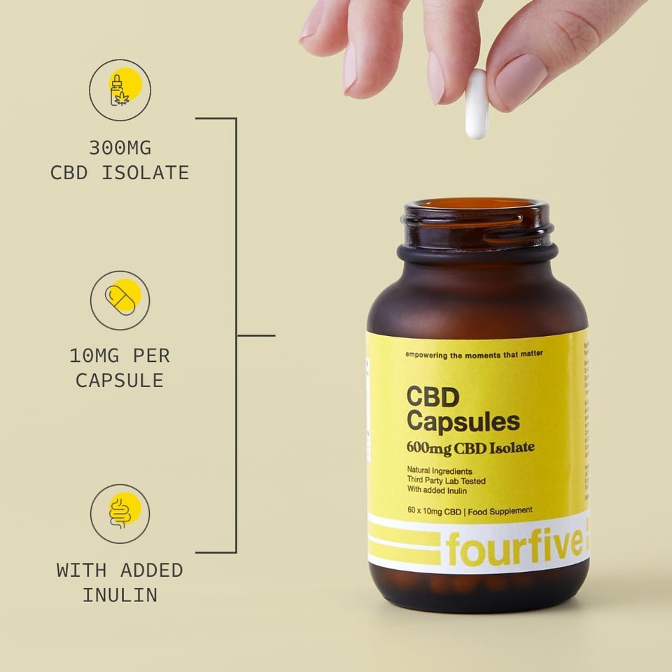 fourfive CBD Capsules 600mg (High Strength) Unflavoured, Muscle & Sleep Aid, Natural & Vegan Friendly - 60 Capsules