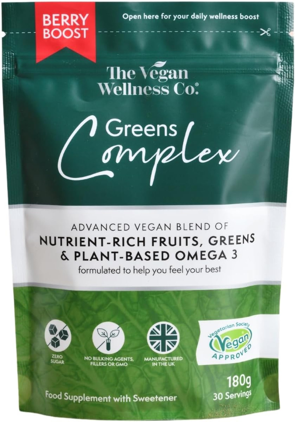 The Vegan Wellness Co. Greens Complex Berry Boost Powder, 2 x 180g Pouches Advanced Greens, Fruits and Superfood Blend for Overall Wellness