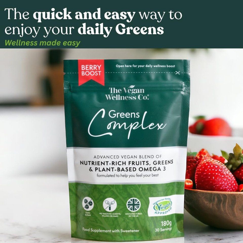 The Vegan Wellness Co. Greens Complex Berry Boost Powder, 2 x 180g Pouches Advanced Greens, Fruits and Superfood Blend for Overall Wellness