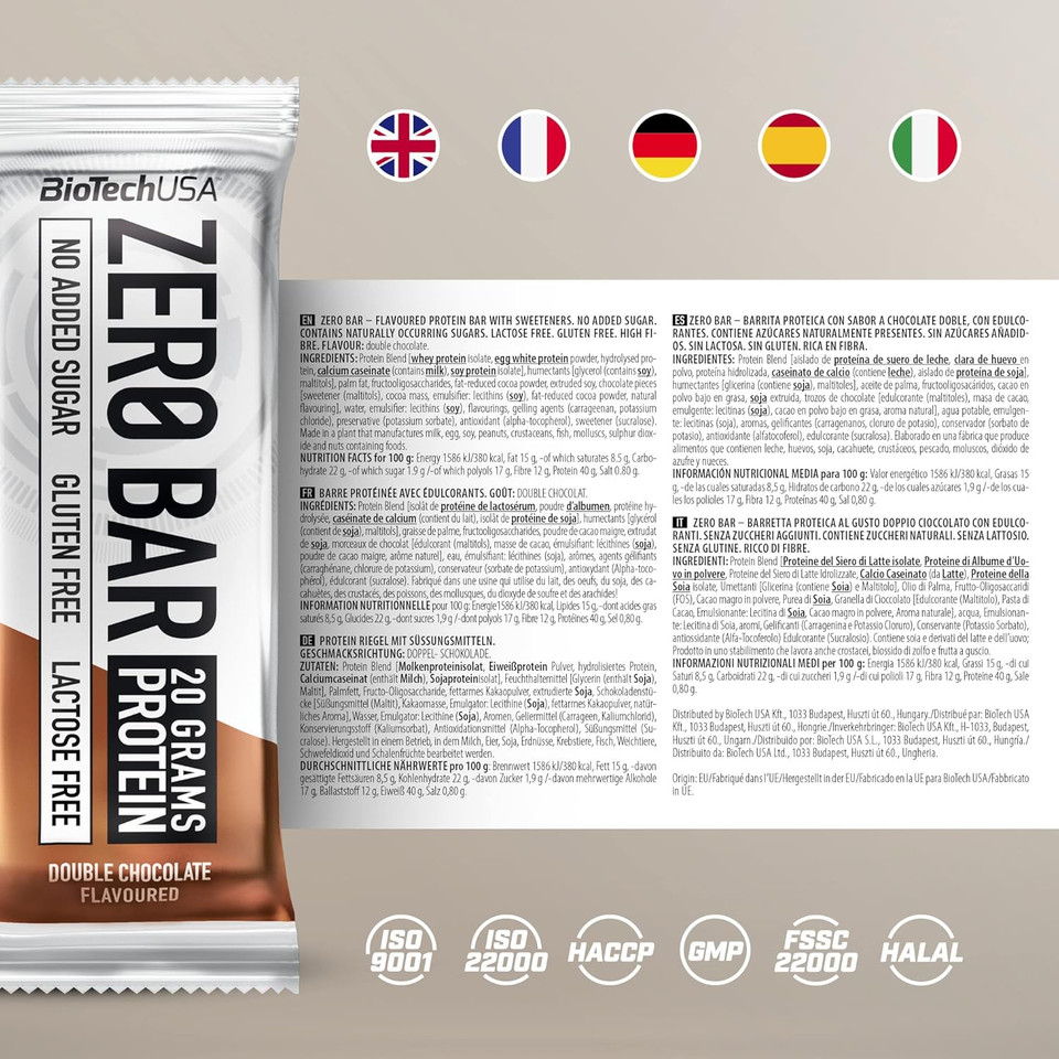 BioTechUSA Zero Bar Protein Snack - Low Sugar & Lactose-Free | Crispy Texture | Delicious Flavors | Ideal for Diets & Workouts, 20 * 50 g, Chocolate Chip Cookies