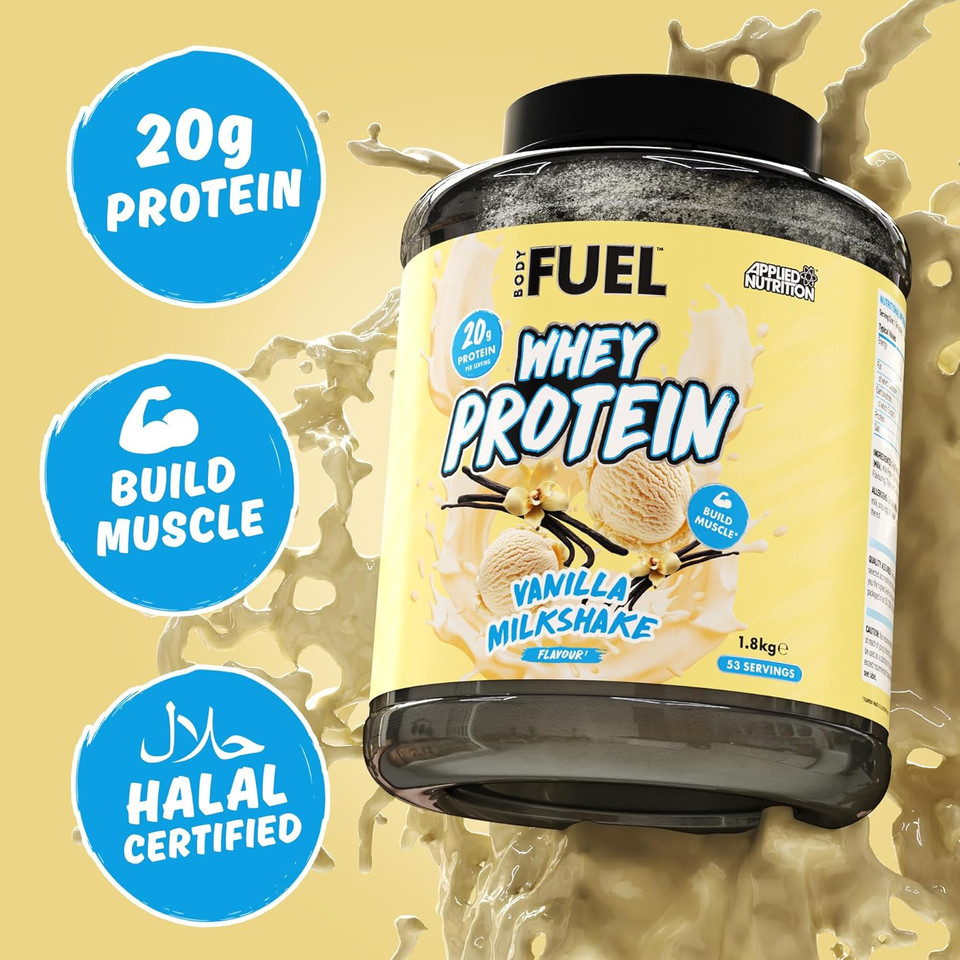 Bodyfuel Whey Protein Powder - 20g Protein for Muscle Recovery & Weight Management - Low-Calorie, Keto-Friendly - (1.8kg - 53 Servings) (Vanilla Milkshake)