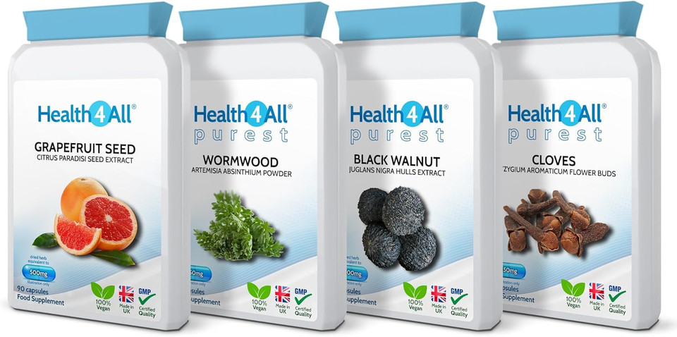 Health4All Strong Intestinal Health Set, Grapefruit Seed Extract, Wormwood, Black Walnut, Cloves, 4x90 360 Capsules, Candida Overgrowth Cleanse & Detox Antifungal Vegan Supplement | Made in UK