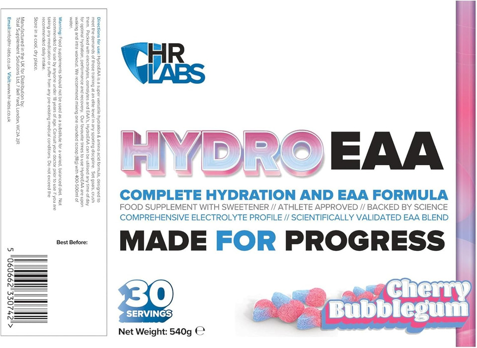 HR Labs HydroEAA, Complete Hydration & EAA Essential Amino Acid Formula, with Comprehensive Electrolytes Profile, 540g, 30 Servings, 4 Flavours (540g, Strawberry & Peaches)