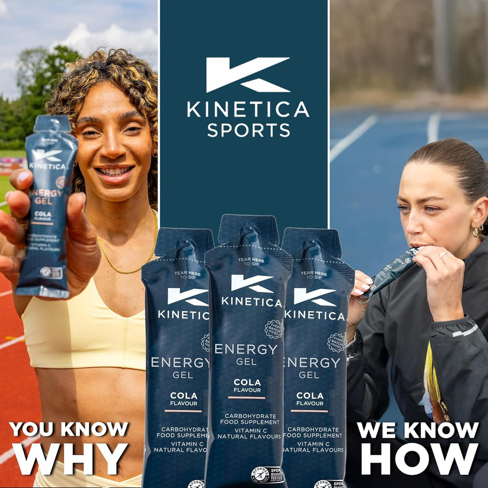 Kinetica Sports Caffeine Free Quick Release Energy Gels - Cola Flavour | 24g Carbohydrates/Serve | 24 x 70g Pack | Vegan & Gluten-Free | Fast Acting Energy Source | Boost Energy & Easy to Digest