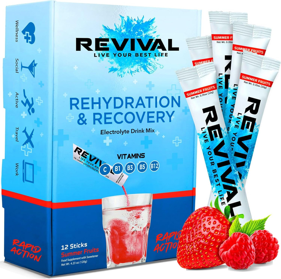 Revival Rapid Rehydration Electrolytes Powder - High Strength Vitamin C, B1, B3, B5, B12 Supplement Sachet Drink, Effervescent Electrolyte Hydration Tablets - 30 Pack Summer Fruits