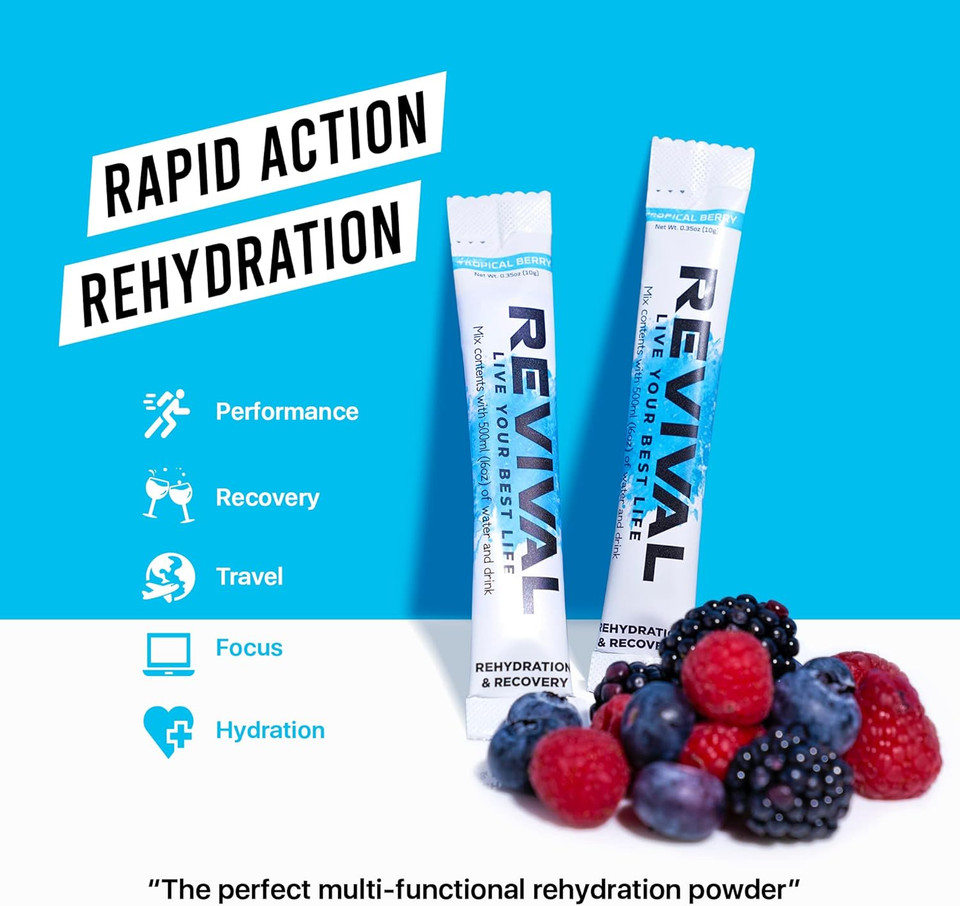 Revival Rapid Rehydration Electrolytes Powder - High Strength Vitamin C, B1, B3, B5, B12 Supplement Sachet Drink, Effervescent Electrolyte Hydration Tablets - 30 Pack Watermelon