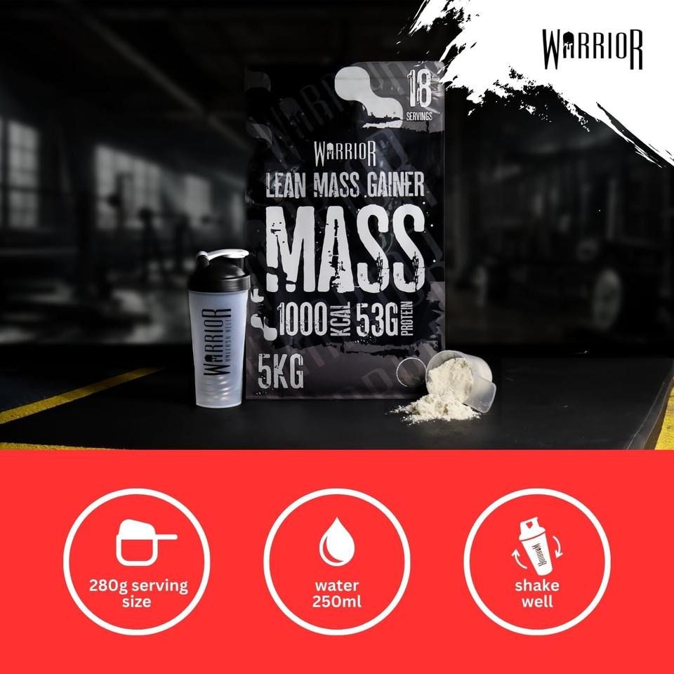 Warrior Mass Protein Powder  5.04kg  Serious Mass Gainer  High Calorie, Weight Gain Supplement  61g of Protein, 18 Servings, 1000+ Calories Shake, Supports Muscle Growth (White Chocolate, 5kg)