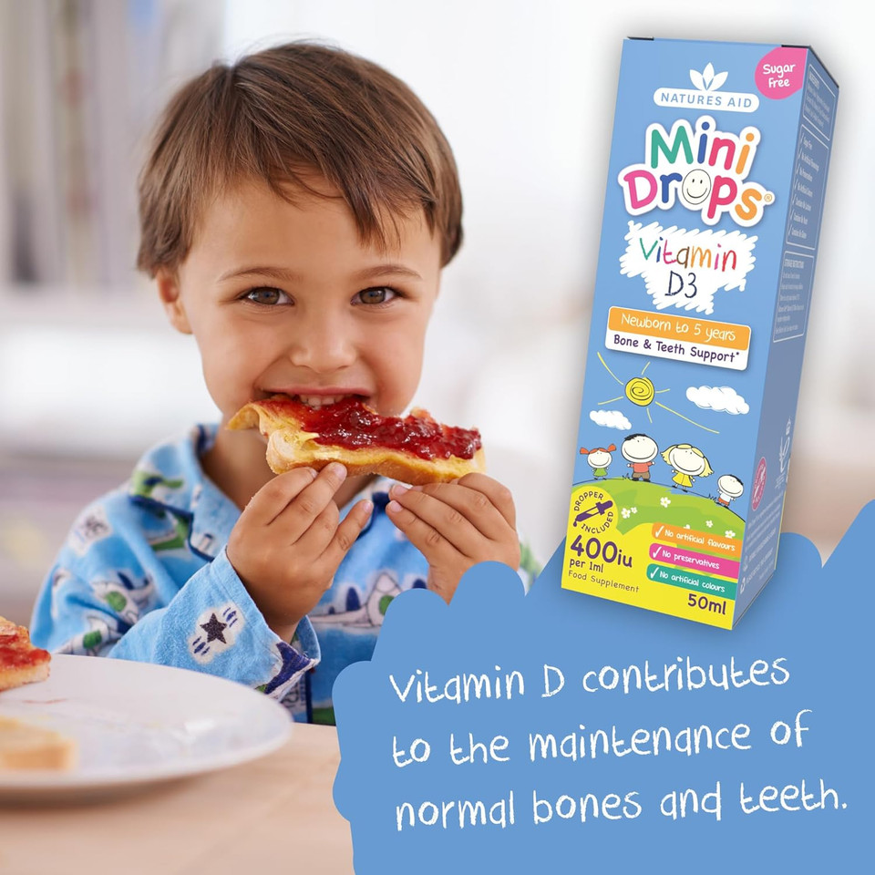 Natures Aid Mini Drops Vitamin D3 50ml for Infants & Kids - Bone, Teeth, Health & Immune System Support - Sugar Free, Vegan, Gluten-Free, Non-GMO - Growth Support for Children Age 0-5 Dropper Included