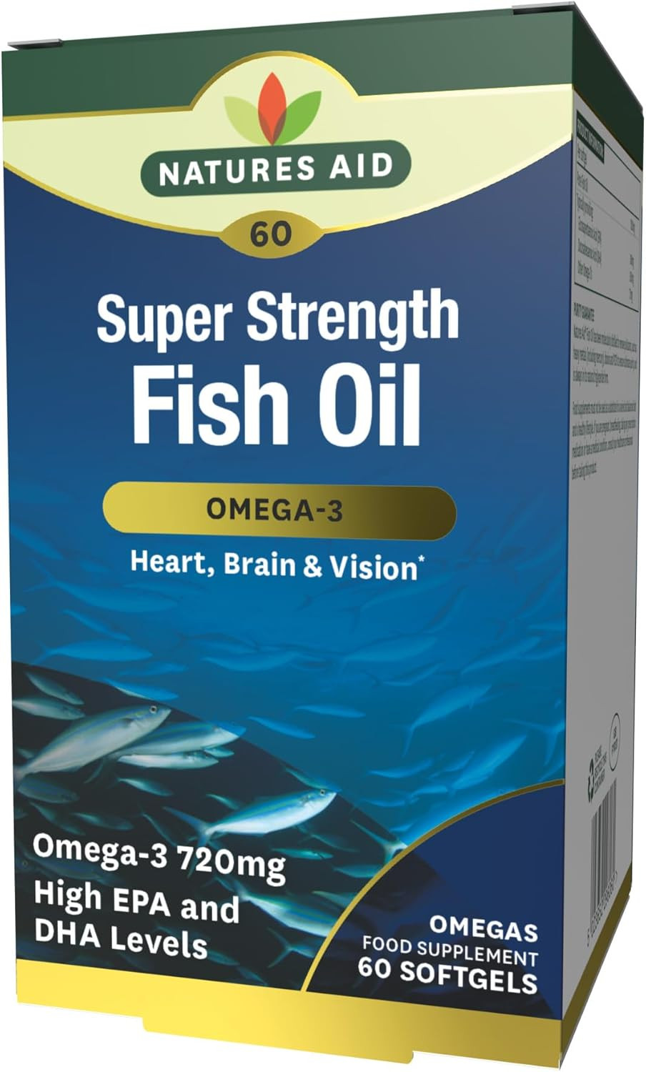 Natures Aid Fish Oil 1000mg  High Strength Omega-3 Supplement with DHA & EPA  Supports Heart, Brain Vision, Immune & Joint Health Non-GMO  High Strength Natural Fish Oil  120 Softgel Capsules
