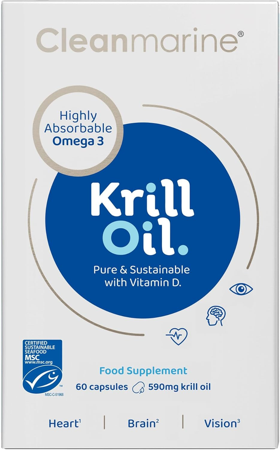 Cleanmarine Krill Oil  Packed with EPA & DHA  Omega 3 with Added Astaxanthin and Choline  Vitamin D  Heart, Eye & Brain Health  Joint & Immune Support - 30 Capsules