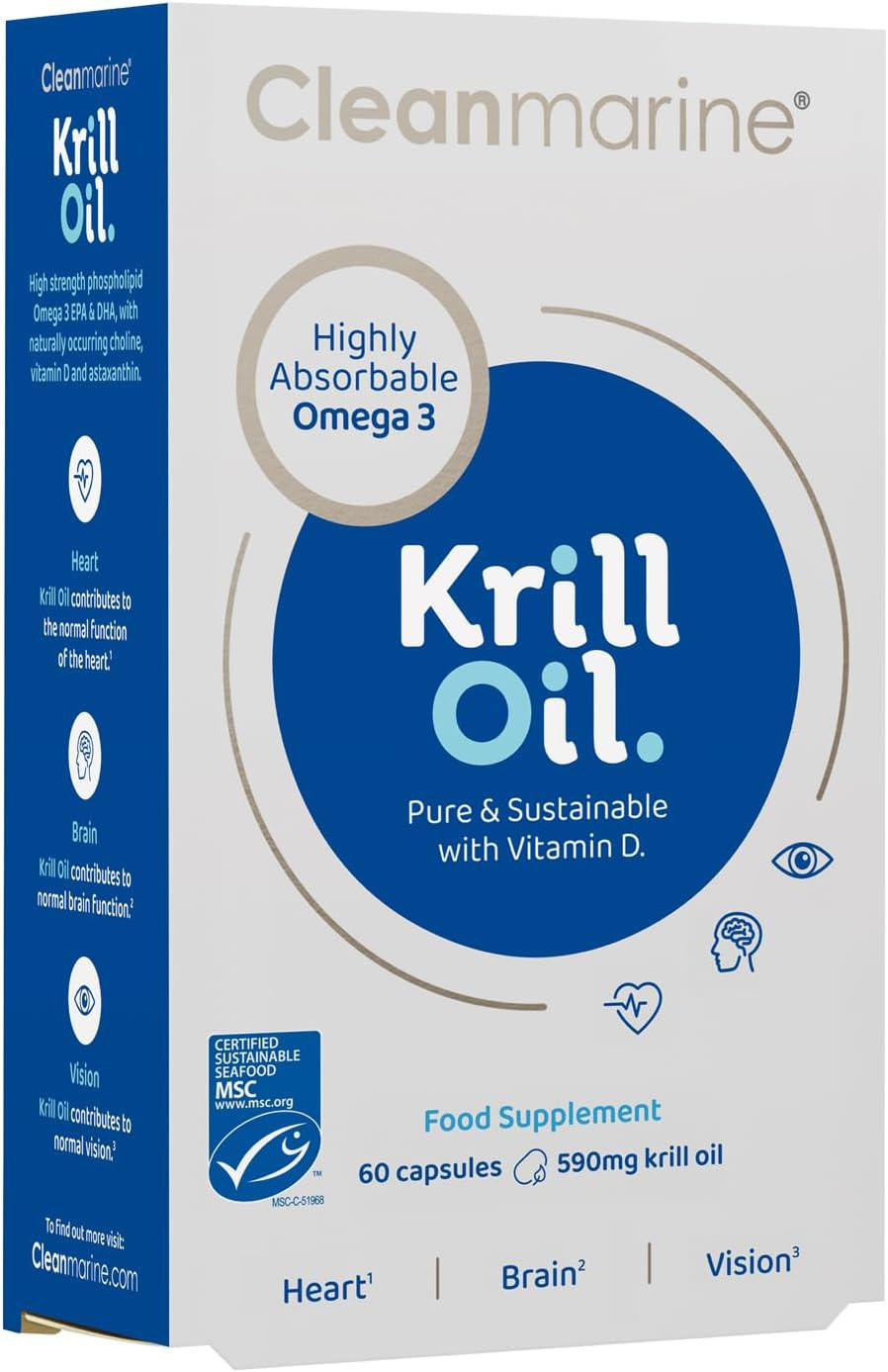 Cleanmarine Krill Oil  Packed with EPA & DHA  Omega 3 with Added Astaxanthin and Choline  Vitamin D  Heart, Eye & Brain Health  Joint & Immune Support - 30 Capsules