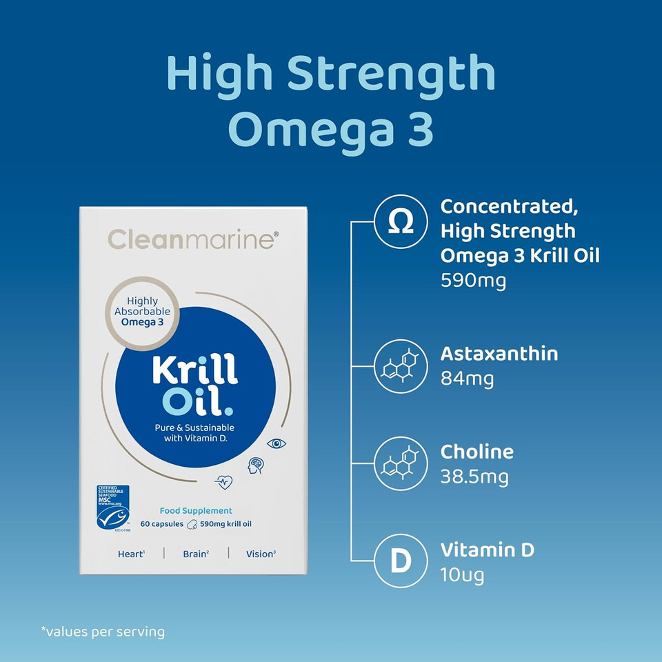 Cleanmarine Krill Oil  Packed with EPA & DHA  Omega 3 with Added Astaxanthin and Choline  Vitamin D  Heart, Eye & Brain Health  Joint & Immune Support - 30 Capsules