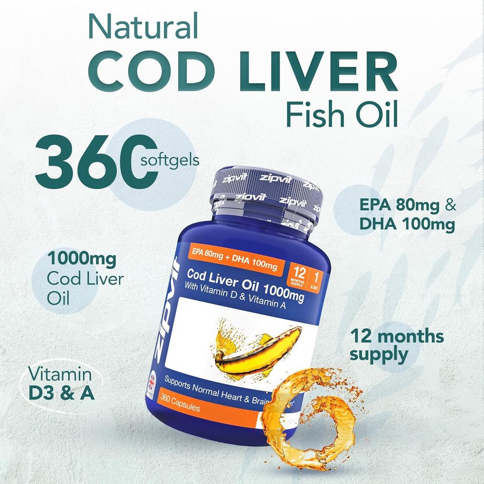 Zipvit Cod Liver Oil 1000mg, 360 Capsules of High Strength Fish Oil, Rich in Omega 3. Supports Heart Health, Brain Health, Eye Health and Normal Blood Pressure